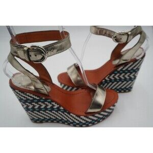 Coach Size 8 Gemma  Silver Metallic Ankle Strap Wedge Woven Chevron Platform